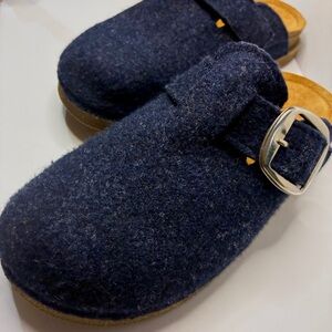 FLEXUS WOOL FELT CLOG MULES NAVY BLUE BUCKLE SLIP-0N COMFORT SHOE SIZE 38